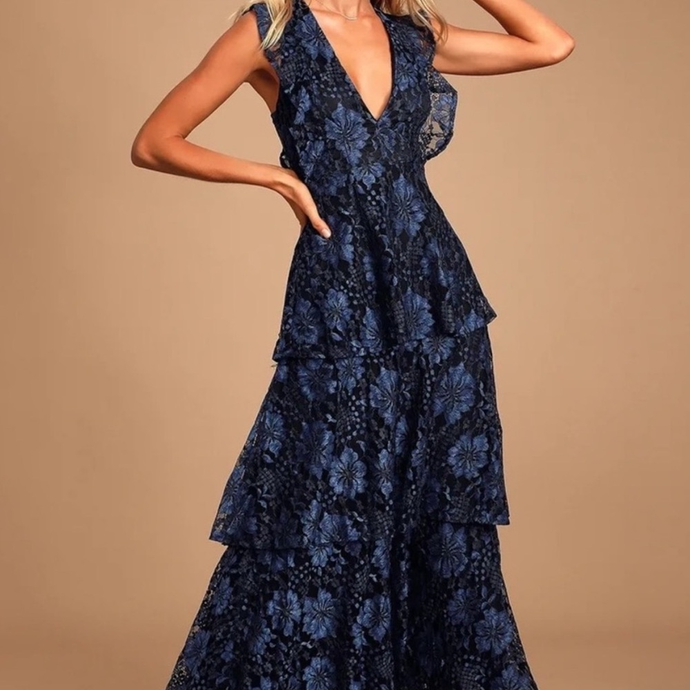 Molinetto Navy Blue Lace Ruffled Tiered Sleeveless Maxi Dress Size L